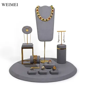 WEIMEI high end grey color jeweler shop display metal ring stand durable suede necklace bust whole set display for window