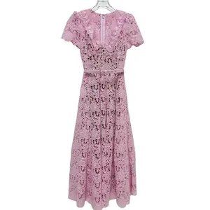 Chất lượng hàng đầu mới ren dài ăn mặc 2024 mùa hè bên buổi tối phụ nữ v-cổ Allover Crochet ren thêu ngắn tay áo màu hồng Ăn mặc