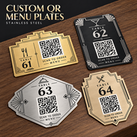Plaque de table de restaurant géométrique Art Déco avec fonction de commande par scan, menu QR élégant en métal brossé, plaque nominative personnalisée en acier inoxydable