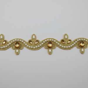 Dentelle en organza ornée de perles artificielles dorées royales, ornée à la main, fantaisie, sexy, d'inspiration vintage, pierre en forme de larme pour robes de mariée, luxe pour la maison - Product Image 1