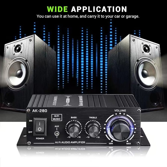 AK-280 2-Channel Mini HiFi Stereo Amplifier, Compact Audio Amplifier Bass and Treble Control Music Player Speaker