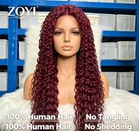Perruque en cheveux naturels indiens bruts bouclés crépus, couleur rouge 99J, dentelle transparente 13x4, densité 210%, 100% cheveux humains avec baby hair pré-épilés