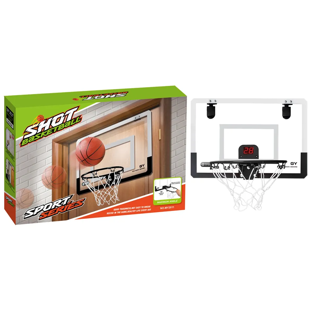 Mini aro de baloncesto con puerta electrónica para niños, aro de baloncesto con 2 bolas, tablero resistente