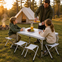 Ensemble de table et de chaises pliantes de camping en acier inoxydable moderne avec 4 tabourets, design blanc portable pour pique-nique en plein air, barbecue