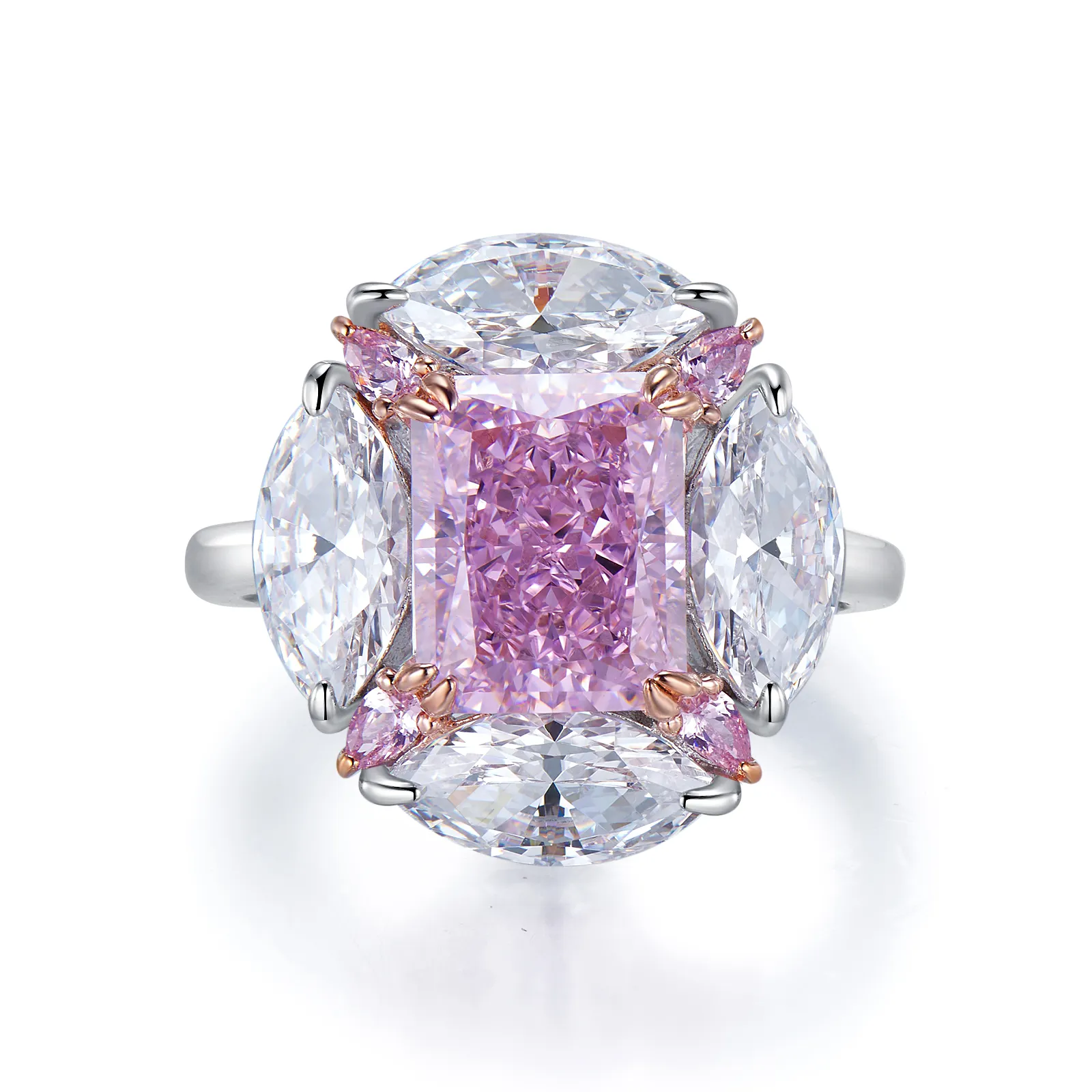 2021 New Jewelry S925 Silver Luxury Premium Bubble Gum Design Simulation Pink Diamond Ice Cut 8X10 Main Stone Ring Female
