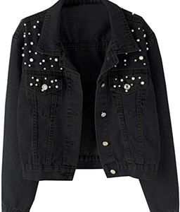 Custom Text Embroidery Logo Plus Size <b>Women</b> Pearl Denim <b>Jacket</b> Long Sleeve Beads <b>Women</b> Denim <b>Jacket</b> <b>Spring</b> and Autumn Coat - Product Image 2