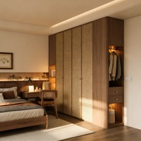 Armoire moderne avec porte en rotin et tiroirs LED, placard de chambre en bois de noyer pour projet sur mesure