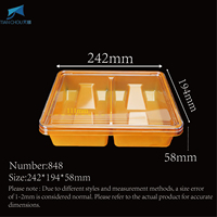 Boîte d'emballage alimentaire en plastique PET jaune jetable avec couvercle à charnière transparent pour emporter du pain, des gâteaux, des biscuits, des sushis, des pâtisseries.