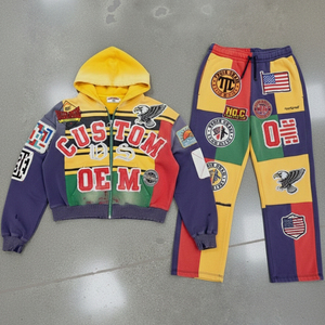 เสื้อฮู้ดดี้ผู้ชายแบบโอเวอร์ไซส์ทรงบ็อกซี่ ซิปหน้า ผ้า 400 GSM ลวดลายปักแบบแอพพลิเค่ ล้างสีแบบแอซิดวอช สั่งผลิตได้ตามแบบ (OEM) ชุดสองชิ้น - Product Image 2