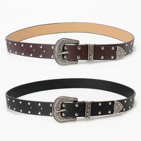 Ceinture tendance populaire à double rangée de clous, rivets punk, boucle en alliage Y2K vintage pour femme, design avant-gardiste, style millennial rétro