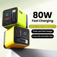 Cargador de Teléfono USB Tipo C de Carga Rápida Gan de 80W con Cable USB C Telescópico para Laptop, Cargador de Pared con Luz