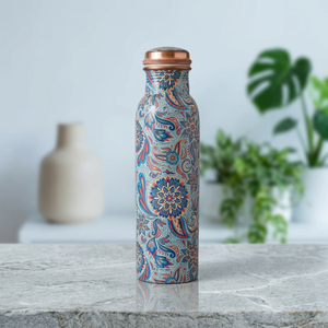 Bouteille en cuivre artisanale traditionnelle Meenakari, 1 litre, motif mandala floral, bouteille en cuivre pur pour offrir en cadeau - Product Image 1