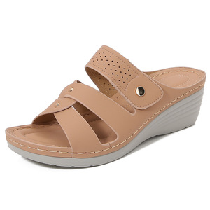 Black PU Wedge <b>Sandals</b> Open Toe Slip-On Mid Heel Comfort Summer Shoes Breathable Light Weight Anti-Slip Buckle Decoration - Product Image 4