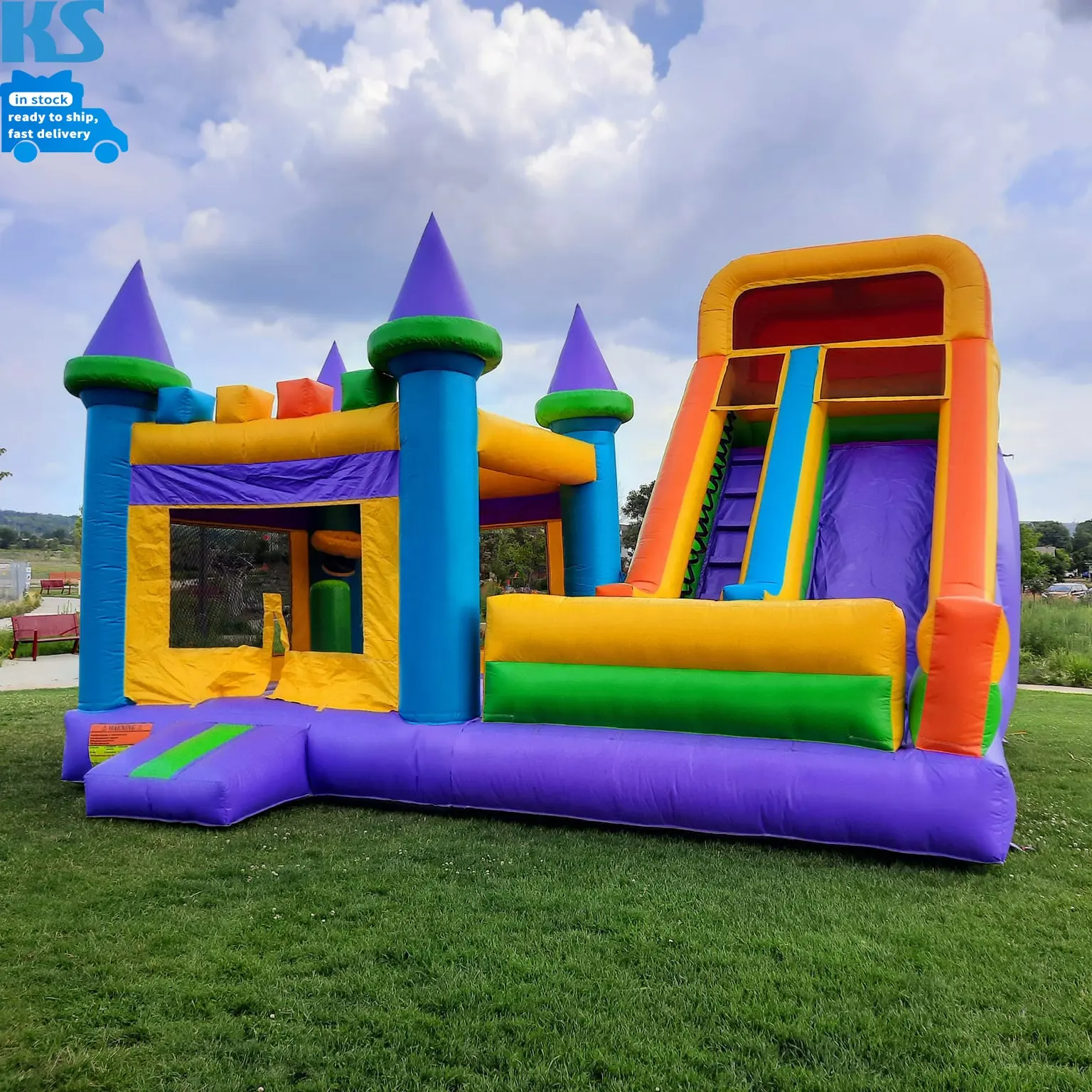 Large Multi Color Colorful Rainbow PVC Inflatable Bouncing Castle Kids Commercial Combo Bounce House With Slide For Party Rental