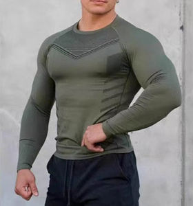 T-shirt de compression pour hommes, 95% polyester <span class=keywords><strong>5</strong></span>% spandex, manches longues, t-shirt de course tricoté, sport, muscle, coupe ajustée - Product Image 1