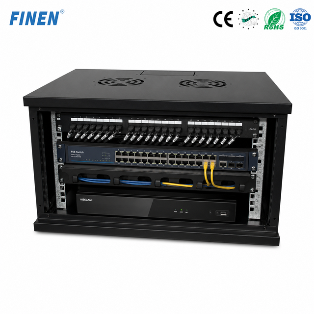 FINEN Wall Mount Network Cabinet CE ISO SPCC Large Cable Hole OEM Industrial Park POE Switch Installation Works 19'' Rack Stock