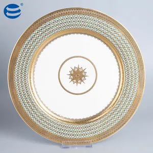 Nordic style tableware steak pizza dessert ceramic plate royal round gold rim bone china embossed luxury dinnerware set