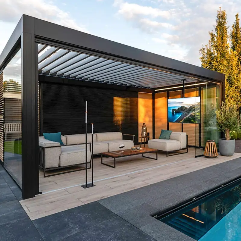 Garten verstellbarer kleiner Pavillon für den Außenbereich maßgeschneidert modern bioklimatisch motorisiert Aluminium-Jäckchen Glas automatische Pergola einziehbar