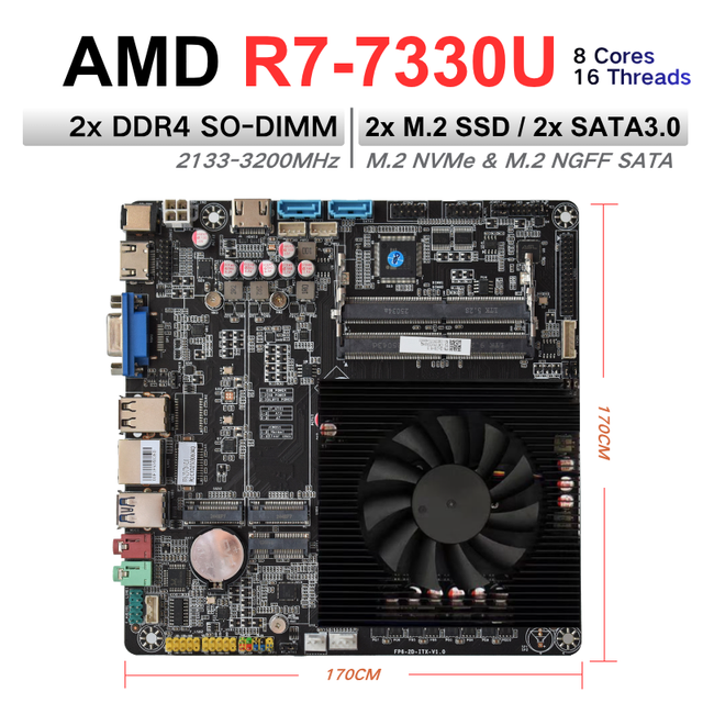 NEW Thin Mini ITX Motherboard with Integrated SOC R7 7330U Processor 2XDDR4 2xM.2 SSD VGA/EDP/LVDS Industrial Motherboard
