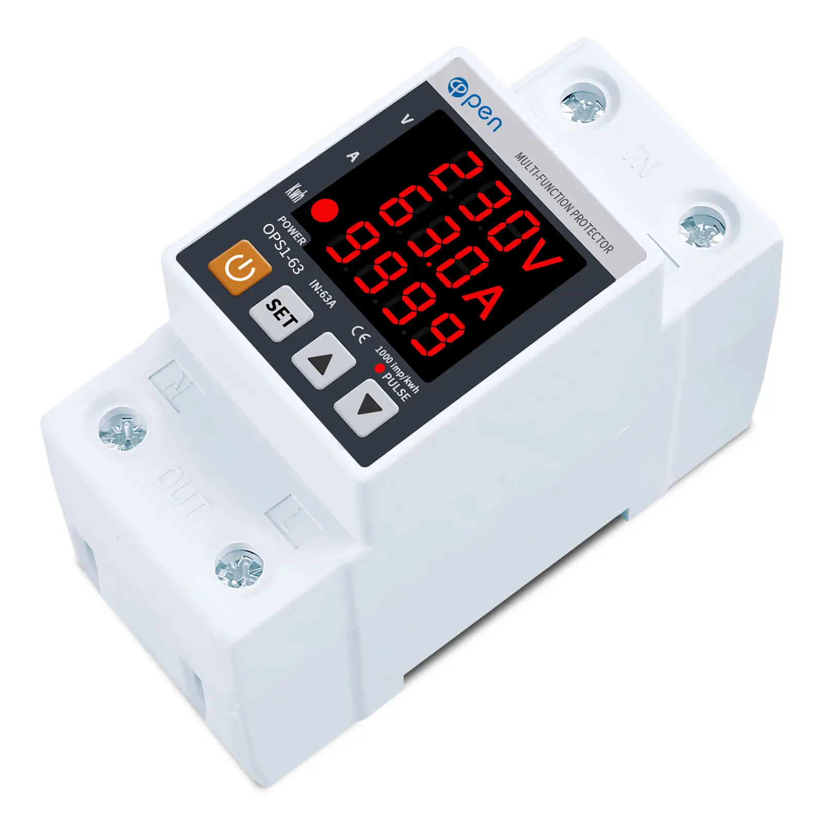 63A 230V 3IN1 Display Din rail adjustable over under voltage surge protector relay over current protect Kwh Power watt Meter