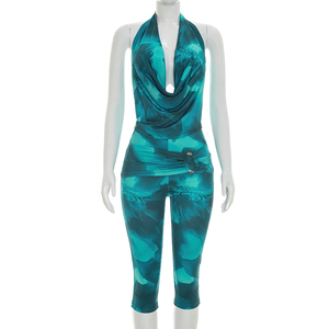 Viviblook J26ST138 Women Summer <b>Set</b> Sexy Mesh Straps Backless Halter Tank Top Cropped Pants Two Piece <b>Set</b> - Product Image 2