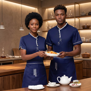 Conjunto de Uniforme de Chef Unisex de Manga Larga, Camisa y Delantal Azul con Ribete Blanco para Camareros, Ropa de Hostelería - Product Image 2