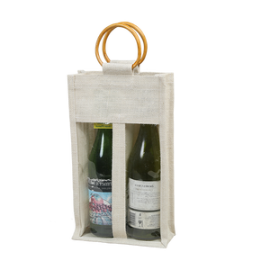 Bolsa para DOS botellas de vino con ventana, asa de palma, tela de yute teñida, PVC con efecto acuarela, diseño geométrico vintage, unisex, abierta, 1000 unidades - Product Image 1