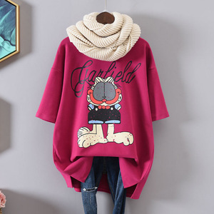סגנון קוריאני חמוד סתיו חורף מוברש שרוולים קצרים לנשים הדפס קריקטורה מעובה במידות גדולות רופף חולצת טריקו להרזיה - Product Image 2