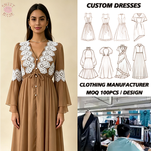 Women Bohemian Midi <b>Dress</b> White Lace Applique V Neck Flare Long Sleeve Drawstring Waist Chiffon Casual - Product Image 1