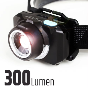 Lampe frontale LED rechargeable USB-C 300LM fabriquée en Chine, 5 modes, contrôle de la mise au point, zoom, résistance à l'eau IP65, rotation à 90°, portée de 123 m - Product Image 1