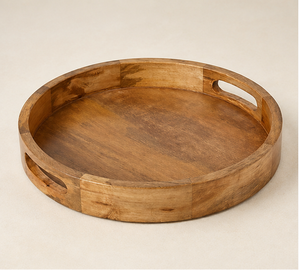Plateau de service rond en bois naturel avec rebord surélevé, poignées intégrées, finition grain rustique, décoratif pour table à manger, table basse, maison - Product Image 3