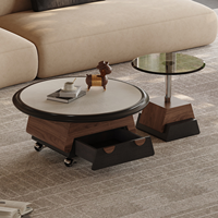 Ensemble de table basse ronde moderne avec plateau en pierre nano-microcristalline embossée, table de rangement en placage de bois avec table d'appoint