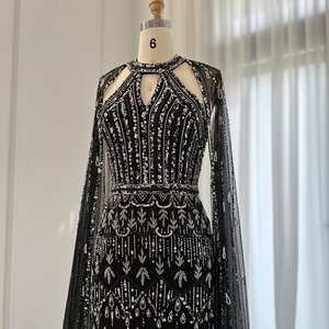 ASA-SS63高級クリスタルビーズロングケープウエディングドレスブラックキーホールイブニングガウン女性用 - Product Image 3