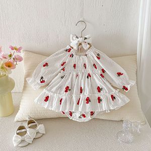 R1015 Vestito con Stampa Ciliegie Rosse per Neonata, Abito con Volant per Bambina, Tutina Principessa, Vendita all'Ingrosso - Product Image 2
