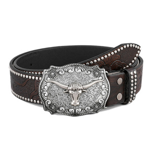 Western Leather Buckle <strong>Belts</strong> Cowboy Longhorn Bull <strong>Pattern</strong> Buckle <strong>Belt</strong> Floral Engraved Buckle <strong>Belt</strong> for Men - Product Image 1