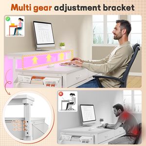 Bureau d'ordinateur à domicile SENYU 31 pouces avec 2 tiroirs et éclairage LED, support d'écran latéral, table d'étude et d'écriture pour petit espace - Product Image 2