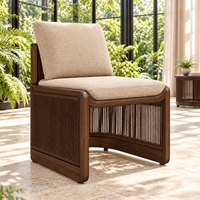 Fauteuil de salon d'extérieur moderne sans accoudoirs en bois massif avec panneau en corde torsadée, chaise d'appoint de patio avec assise incurvée pour jardin, terrasse, balcon
