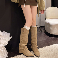 Damen Spitze Overknee-Stiefel aus Kunstleder und Wildleder, Lässiger Stiefel mit Blockabsatz, Hohe Stiefel im Retro-Western-Stil, Lange Damenstiefel
