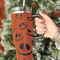 Bouteille isotherme 40oz personnalisée avec strass, motif citrouille orange Halloween visage effrayant, pour la saison macabraque et Noël