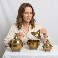 Ensemble de 3 bols à soupe en laiton avec couvercles - Bols de service décoratifs vintage avec poignées - Bol à couvercle vintage plaqué argent