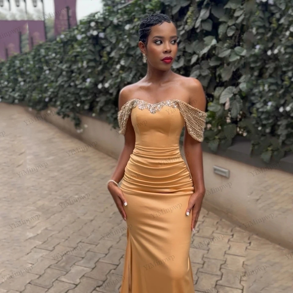 Champagne African Bridesmaid Dresses 2026 Off Shoulder Sweetheart Satin Wedding Guest Dresses Corset Paert Gowns Customized