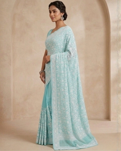 Luxury Pastel Georgette Saree with Heavy Embroidery Modern Design for Party Diwali Wedding & Festivals - Product Image 4