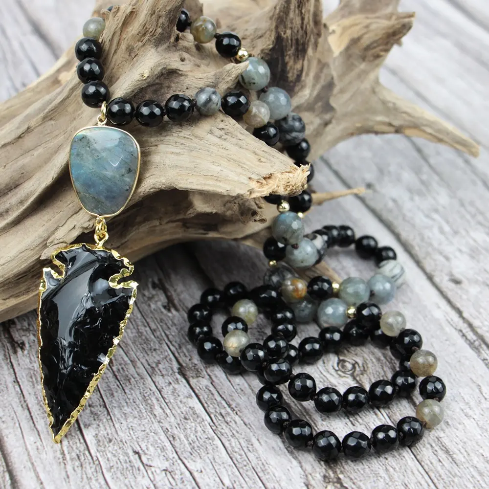 LS-D1336 Black Obsdian Arrow & Labradorite Pendant Stone Black Onyx Agate Beads Knot Handmade Necklace