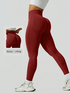 Leggings de yoga minimalistas de cintura alta y longitud completa para mujer, ajuste ceñido, color sólido, licra, nailon, sin costuras, diseño fruncido en los glúteos - Product Image 1