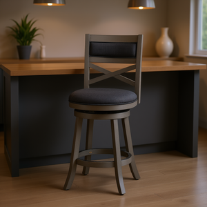 Sgabello Girevole X-Back Altezza Bancone con Seduta in Tessuto Grigio Antracite Effetto Invecchiato per Arredamento Casa Soggiorno - Product Image 2