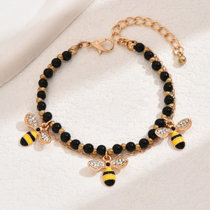 Teacher's Day Gift Dripping Oil Little Bee Stone Zircon Inlaid Alloy Pendant 8mm Obsidian Little Bee <b>Bracelet</b> - Product Image 5