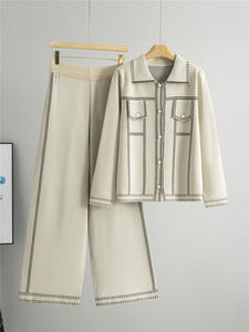 Conjunto de Punto para <span class=keywords><strong>Mujer</strong></span> Otoño Invierno, Cárdigan con Cuello y Pantalones Holgados, Conjunto Casual de Dos Piezas - Product Image 2