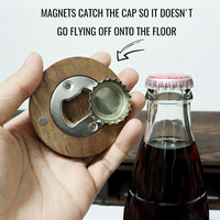 Ouvre-bouteille magnétique en bois naturel, rond, en acier inoxydable, pour enlever les capsules de bière, accessoire pour réfrigérateur, cuisine, bar