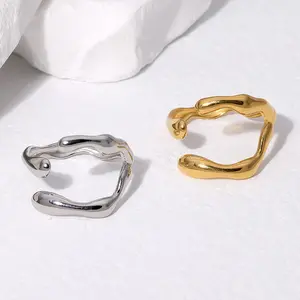 Cincin Stainless Steel lapis emas/perak, cincin membuka tetesan air tidak beraturan untuk wanita