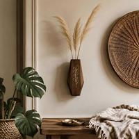 Pot Tanaman Dinding Kayu Ukiran Daun Bernuansa Walnut, Dekorasi Dinding Minimalis Boho Vas Dinding Multi Pola untuk Pajangan Bunga Kering di Dalam Ruangan